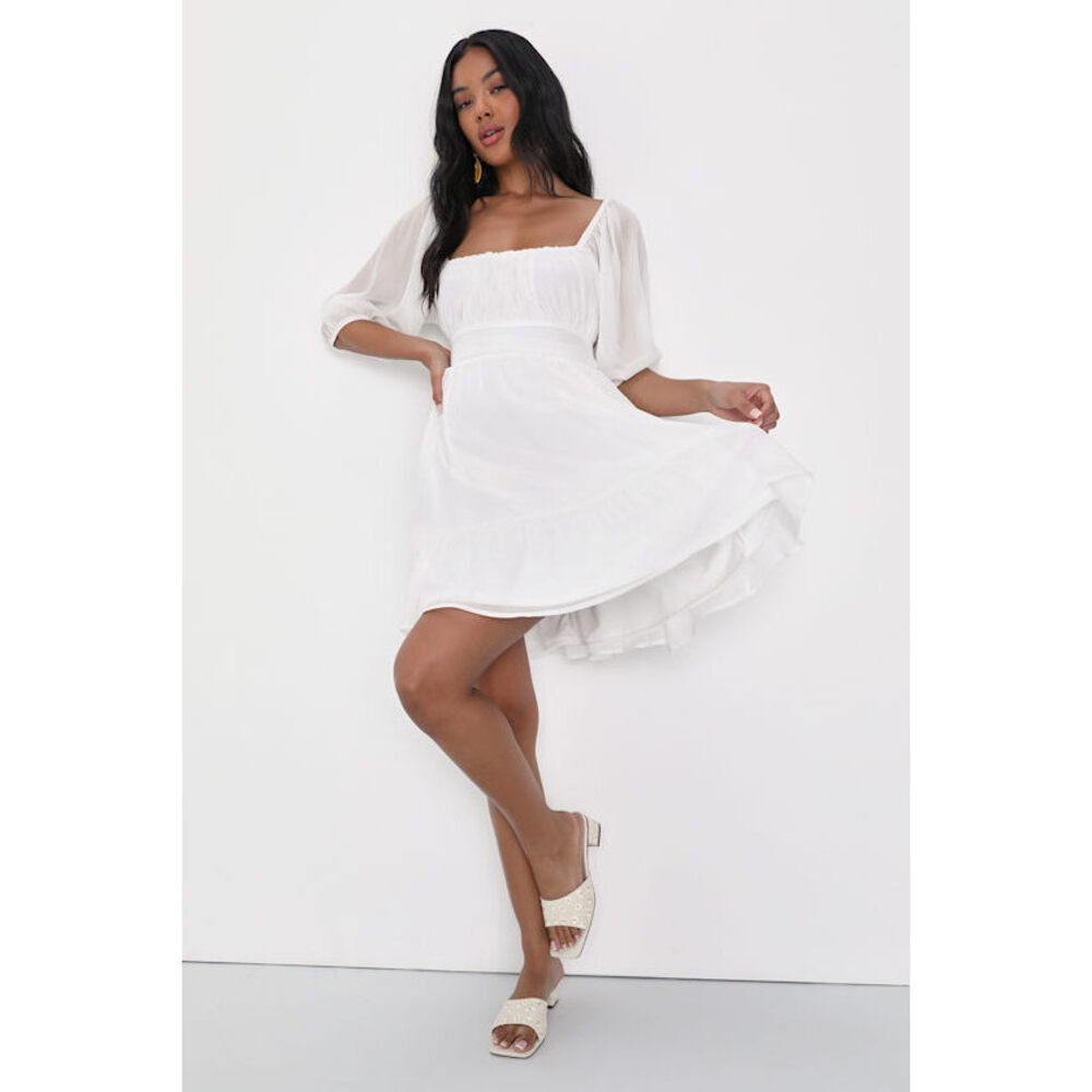 NWT😍Lulus Ethereal Arrival White Puff Sleeve Tie-back Chiffon Mini Dress -Size S